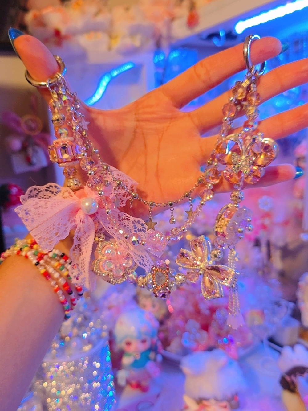 Delicate Pink Floral Bow Bag Chain